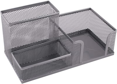 Dailygoods- Bureauorganizer Zilverkleurig - Pennenhouder - Notitiebox - Kantooraccessoires - 3 Vakken - Antislip Voetjes - Kantoororganizer