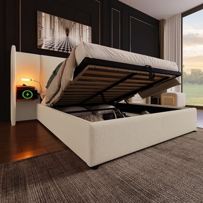 REDOM opbergbed 160x200 cm – Linnen, leeslamp, USB/Type-C, hydraulisch – Beige
