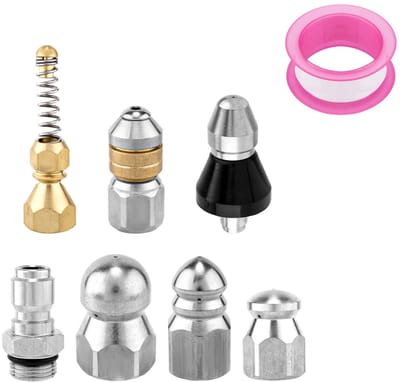 Dailygoods - Gosknor 8 Stuks Rioolreinigingssproeikopset met 1/4 Inch NPT-Snelkoppelingen en Tape, Roestvrijstalen Drukafvoersproeikop voor Hogedrukreiniger 5000 PSI