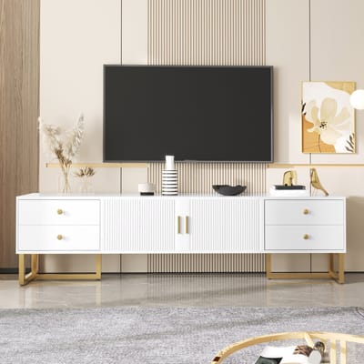 DESMIU Televisiekast - Modern Ontwerp Met Vier Lades En Twee Deuren - Voor Woonkamer En Mediaspullen - MDF - Wit - 175x30x46 Cm