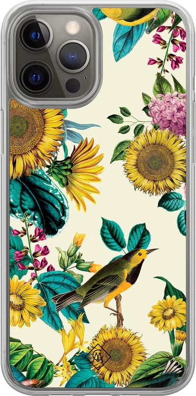 Casimoda® hoesje - Geschikt voor iPhone 12 Pro - Zonnebloemen / Bloemen - 2-in-1 case - Schokbestendig - Bloemen - Verhoogde randen - Multi, Transparant