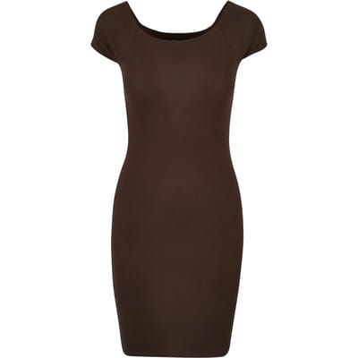 Urban Classics - Off Shoulder Rib Kokerjurk - M - Bruin