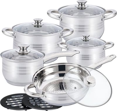 Cheffinger Pannenset - 12-delig - Zilver - RVS - Kookpannen - Inductie