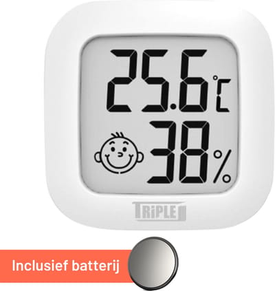 Triple J® Hygrometer & Thermometer Binnen Digitaal – Luchtvochtigheidsmeter – Comfortindicator – Incl. Batterij & Plakstrip – Wit