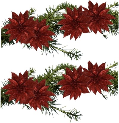 Kerstboomversiering Bloemen - 8x stuks - 9 cm - rood glitter - op clip