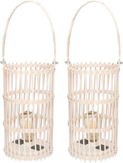 2x stuks 2x stuks witte ronde solar lantaarns van bamboe 32 cm - Tuinverlichting - Tuinlampen - Solarlampen op zonne-energie