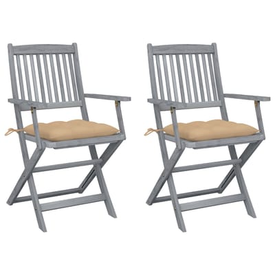 vidaXL - Set - van - 2 - klapstoelen - met - kussens, - gemaakt - van - massief - acaciahout.