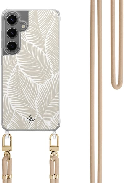 Casimoda® hoesje met koord - Geschikt voor Samsung S24 Plus - Palm Leaves Beige - Afneembaar koord - TPU/polycarbonaat - Bruin/beige