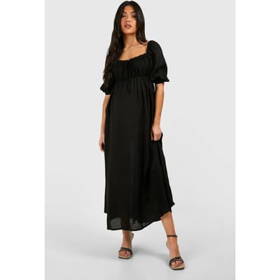 boohoo Dames Zwangerschapsjurk Linnen Look Milk Maid Midi Jurk | Black | Maat: 8