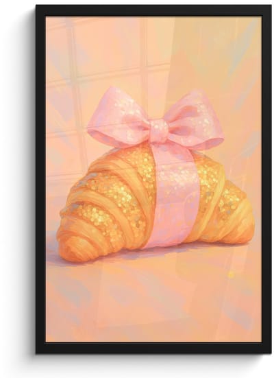 Poster in lijst - Fotolijst 40x60 cm - Posters - Croissant - Strik - Roze - Posterlijst zwart - Decoratie - Wanddecoratie woonkamer - Muurdecoratie slaapkamer