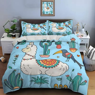 Schattige Cartoon Lama Alpaca Print Beddengoedset Dekbedovertrek 1 Dekbedovertrek 2 Kussenslopen Volwassenen en Kinderen Beddengoedset Luxe Cadeaus US Queen(228x228cm)