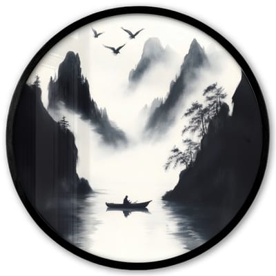 Poster in lijst Rond - Fotolijst 40x40 cm - Posters - Roeiboot - Mistig - Bergen - Vogels - Ronde posterlijst zwart - Decoratie - Wanddecoratie woonkamer - Muurdecoratie slaapkamer