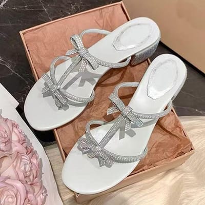 Street Style Kristallen Strik Dames Slippers Sandalen Glitter Strass Steentjes Lage Vierkante Hakken Slides Zomer Feest Jurk Schoenen 34 zilver