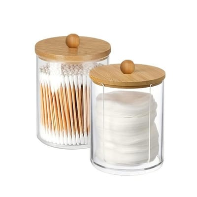 Dailygoods- Wattenstaafjeshouder 2 stuks - Transparante Opbergdoos met Deksel - Cosmetica-opslag - Wattenschijfjes Dispenser - Kunststof Badkameropslag - Praktisch en Veelzijdig