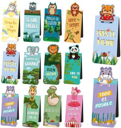Dailygoods- Boekenleggers Magnetisch - 12 Stuks Dieren - Inspirerende Spreuken - Cadeaus Voor Kinderen - Bladwijzers - Afmeting 12 x 3 cm