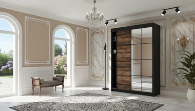 Kledingkast met Schuifdeuren en Spiegel Casa Velluto Lamaro Elegance – Moderne Garderobe voor Slaapkamer en Hal – Wardrobe 167x205x59 cm – Zwart & Old Style – Opbergkast met Laden en Planken