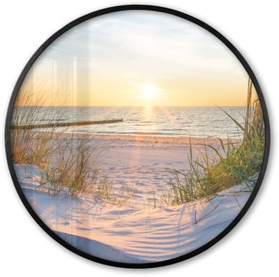 Poster in lijst Rond - Fotolijst 60x60 cm - Posters - Strand - Zon - Duin - Gras - Zand - Horizon - Ronde posterlijst zwart - Decoratie - Wanddecoratie woonkamer - Muurdecoratie slaapkamer