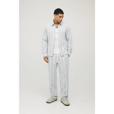 Geweven Gestreept Regular Zip-up Shirt Met Lange Mouwen & Straight Fit Broek Set | Navy | Size Small