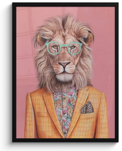Poster in lijst - Fotolijst 60x80 cm - Posters - Leeuw - Pak - Geruit - Bril - Posterlijst zwart - Decoratie - Wanddecoratie woonkamer - Muurdecoratie slaapkamer