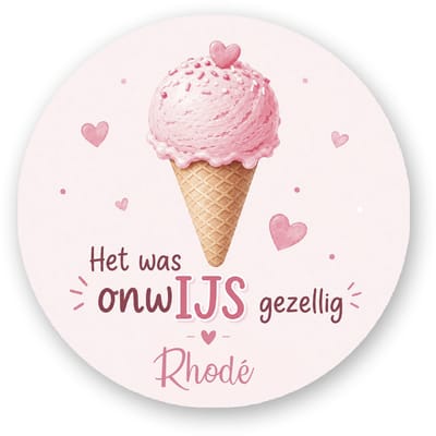 Traktatiestickers IJsje – Het was onwijs gezellig | Gepersonaliseerd met naam | 25 stuks | 4 cm