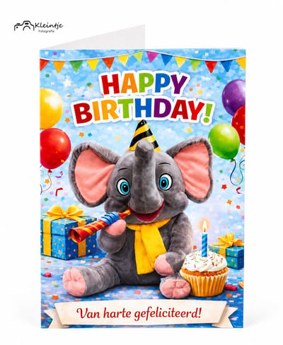 Kleintje fotografie verjaardagskaart (olifant) (A6) wenskaarten, Felicitatiekaarten, kaartjes versturen, verjaardag, gevouwen