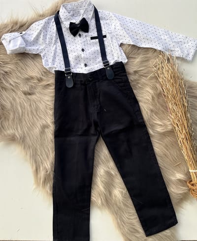 luxe jongens kledij- vierdelige katoenen jongens set-4 delig kinderpak- gestippeld overhemd, verstelbare bretels en vlinderdas- kostuumbroek(marineblauw),hemd - feest outfit-bruidsjonkers-bruiloft-communie-verjaardag- 1 jaar