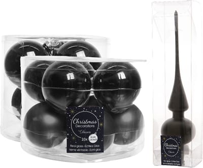 Compleet glazen kerstballen pakket zwart glans/mat 32x stuks met piek mat - 20x 6 cm - 12x 8 cm