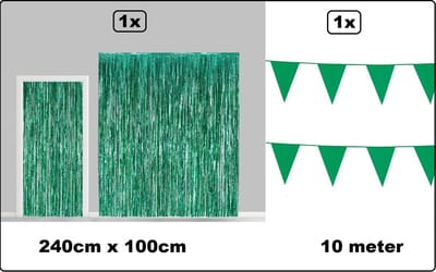 Luxe Folie gordijn metallic 240cm x 100cm groen + vlaggenlijn groen 10 meter - Decoratie festival themafeest carnaval gala disco glitter and glamour wanddeco