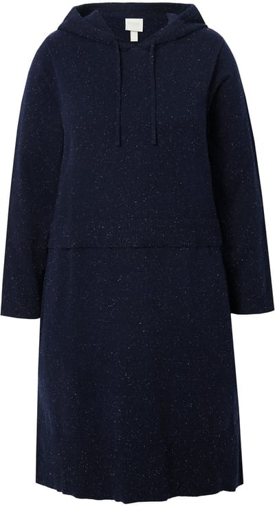 Ulla Popken - Dames - Gebreide jurk noppen capuchon lange mouwen - Marine - Maat 42+