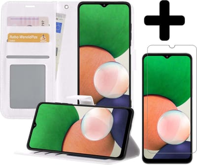 Hoesje - Met Screenprotector - Geschikt voor Samsung Galaxy A22 4G - Luxe Pasjeshouder - Bookcase Portemonee - Flip Case - Kunstleer Book Case - Flipcase - Book Cover - Walletcase - Portemonneehoes - Telefoonhoesjes - Wit