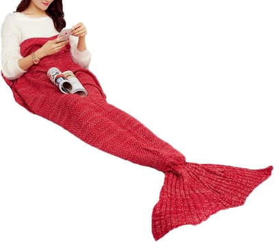 Mermaid Staart Deken - Haakwerk Plaid - Gezellig Ontspannen - Handgemaakt Ontwerp - 180 x 90 cm - Watermeloen Rood