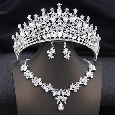 3 Stuks Bruiloftskroon Bruids Sieraden Sets voor Vrouwen AB Tiara's en ketting oorbellen Prom Verjaardag Bruid Tiara's en Kronen Set gray