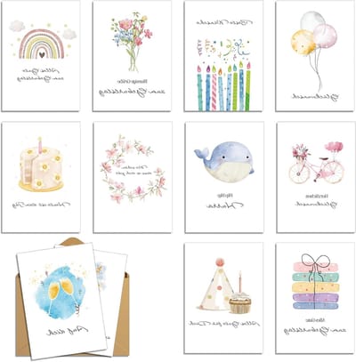 Verjaardagskaarten voor Mannen en Vrouwen, Set van 12 met Envelop, Elegante Ontwerpen, Gelukkige Verjaardag Kaarten voor Elke Gelegenheid