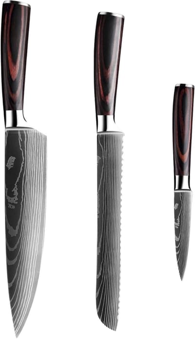 Dastium Home - 3 Delige Damascus Messenset - Damascus Stijl Japanse Keukenmessen - Messen Met Damascus Print - Met Ergonomisch Pakkahouten Handvat - Koksmes - Broodmes - Schilmes