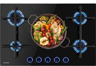 Klarstein Gaskookplaat Illuminosa 5 - 5 Pitten - Sabaf-Brander - glaskeramisch Oppervlak - Gelijkmatige Hitteverdeling - elektrische Ontsteking - praktisch En Elegant - Energiezuinig - Klassiek Gietijzeren Look - Intuïtieve Bediening - Zwart