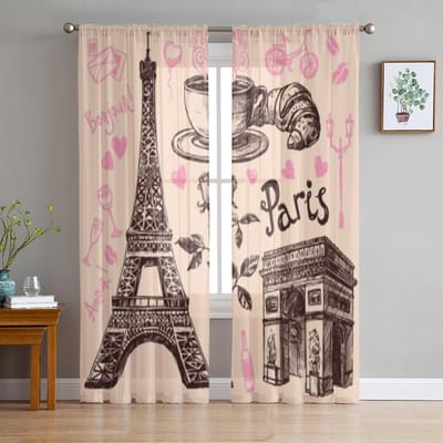 Parijs Eiffeltoren En Bakkerij Chiffon Doorzichtige Gordijnen voor Woonkamer Slaapkamer Keuken Decoratie Raam Voiles Tule Gordijn 135W x 114H(cm)