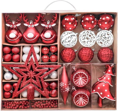 Cosensi - Kerstdecoraties set van 92 stuks in traditioneel rood en wit, onbreekbare ballen van 3-15 cm voor kerstboom - Feestelijke kerstbalversieringen