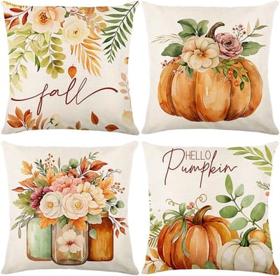 Halloween - Halloween Decoratie - Herfstkussenhoezen - kussenslopen - met esdoornblad en pompoenprint in polyester linnen - Herfstdecoratie in huis - Vierkante kussenslopen voor slaapbank - woonkamer - Bank - Auto Decoratie - 45x45 cm - 4 stuks