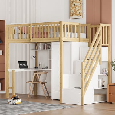 Hoogslaper - 90 x 200 cm - Met Kledingkast en Bureau - Opbergtrap - Hout - Natuur