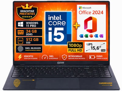 GMR Laptop 15.6 Inch Full HD IPS | Intel Core i5 | 24GB DDR5 RAM | 512GB SSD | Windows 11 Pro | Office 2024 | Zakelijke Laptop | Werk Laptop | Thuiswerk Laptop | Studenten Laptop