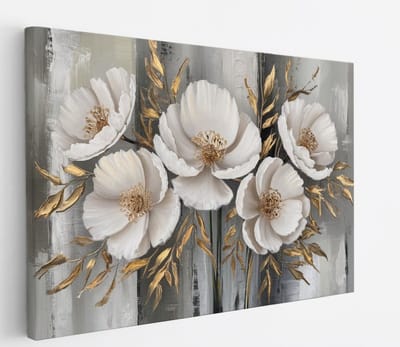 Saammp Canvas Schilderij - Abstracte bloemen met goud - 45x30 - Foto op canvas - Wanddecoratie - Muurdecoratie Woonkamer - Kantoor Decoratie