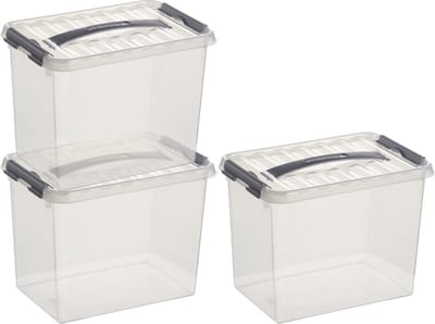 3x sunware q-line opberg box/opbergdoos - 9 liter - 30 x 20 x 22 cm - kunststof - opslagbox - transparant/zilver