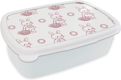 Broodtrommel Wit - Lunchbox - Brooddoos - Konijnen - Patronen - Dieren - Cartoon - 18x12x6 cm - Volwassenen