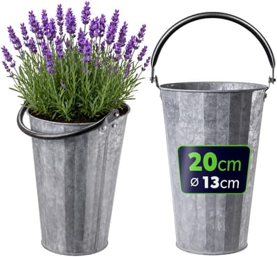 KADAX bloempot 13 x 20 cm, bloempot van verzinkt staal, zinken pot met handvat, bloempot voor kruiden, bloemen en planten, vintage kruidenpot (zilver)