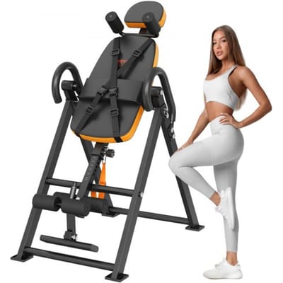VEVOR Inversietafel Inversiebank, 136 kg draagvermogen, Multifunctionele rugtrainer, Opvouwbaar krachttrainingsapparaat met hoofdsteun, Enkelvergrendeling, Verstelbare beschermgordel, Oranje/Zwart