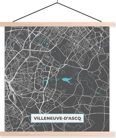 Posterhanger incl. Poster 40x40 cm - Schoolplaat - Villeneuve-d'Ascq - Plattegrond - Kaart - Stadskaart - Frankrijk - Textielposter - Blanke latten - Stadskaart
