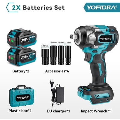 YOFIDRA Borstelloze Elektrische Slagmoersleutel 5 Versnellingen 1/2'' Draadloze Schroevendraaier Autoreparatie Elektrisch Gereedschap Voor Makita 18V Accu 2 Battery (Plastic Box)