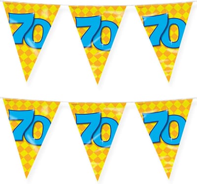 Paperdreams verjaardag 70 jaar thema vlaggetjes - 2x - feestversiering - 10m - folie - dubbelzijdig