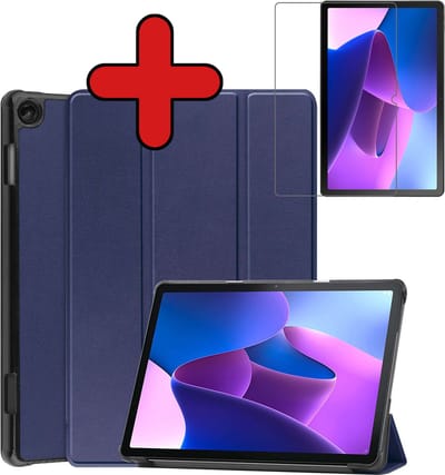 Hoesje - Geschikt voor Lenovo Tab M10 (3e / 3rd generatie) - Met Screenprotector - Hardcover Book Case - Trifold Bookcase Hoes - Hard Cover - Tablethoes - Donkerblauw