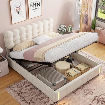 Gewatteerd Tweepersoons Bed 160x200 cm met LED Verlichting en Opbergruimte